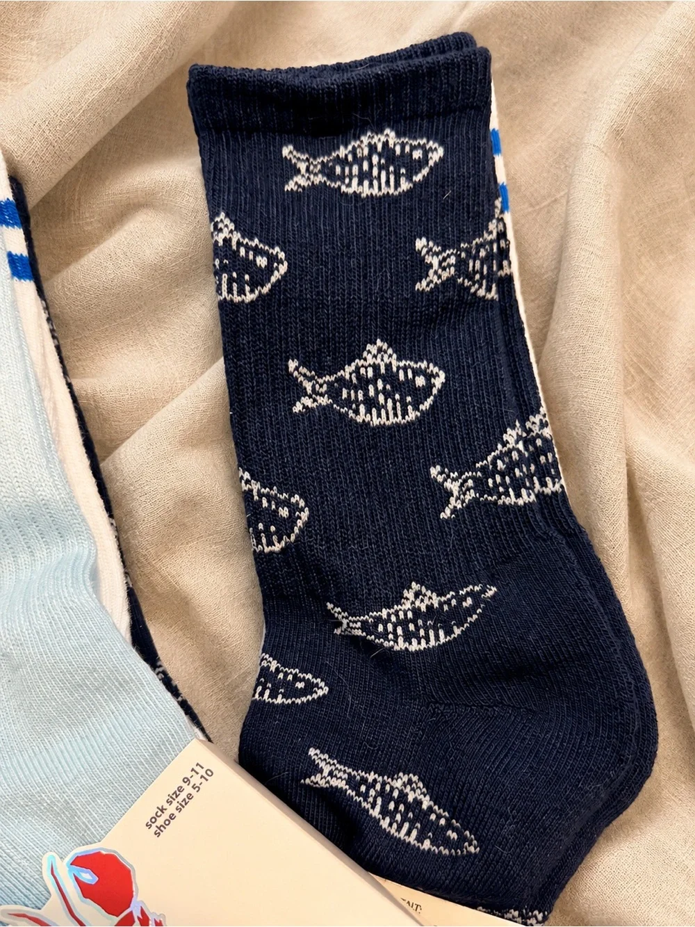 3 Pairs Women’s Crew Socks • Crawfish Rhinestone Retro Stripe Nautical Fish